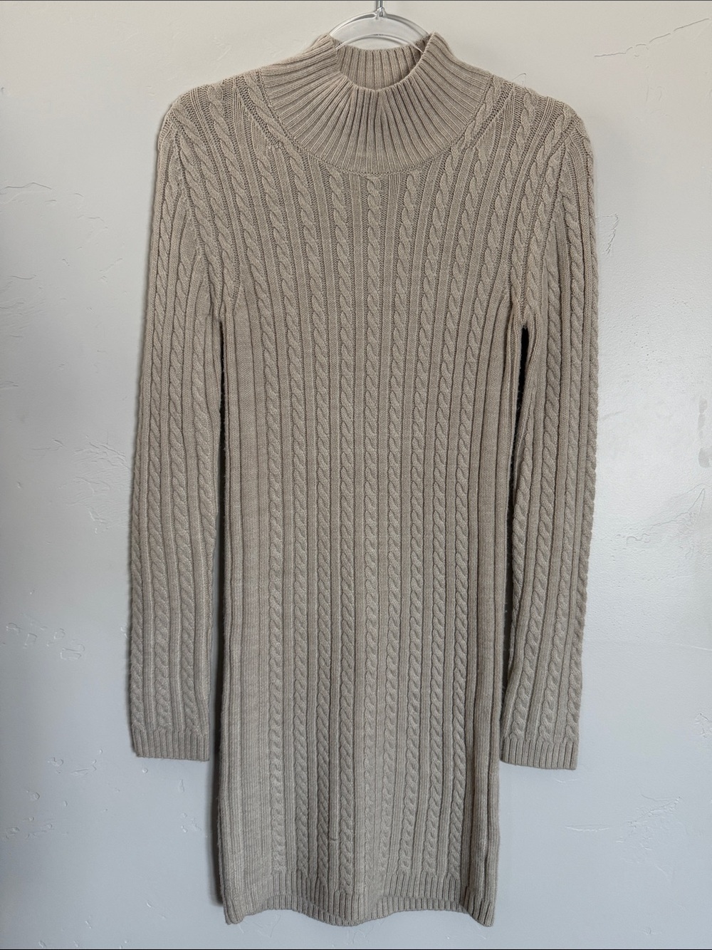 French Connection Beige Cable-Knit Mock Neck Sweater Dress
